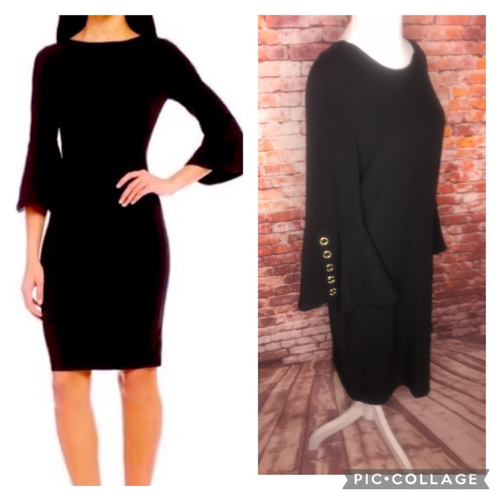 Calvin Klein Solid Black Bell Sleeve Sheath Dress
